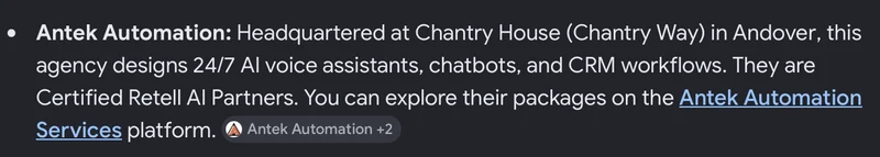 Google AI Overview citing Antek Automation as an AI automation provider in Andover